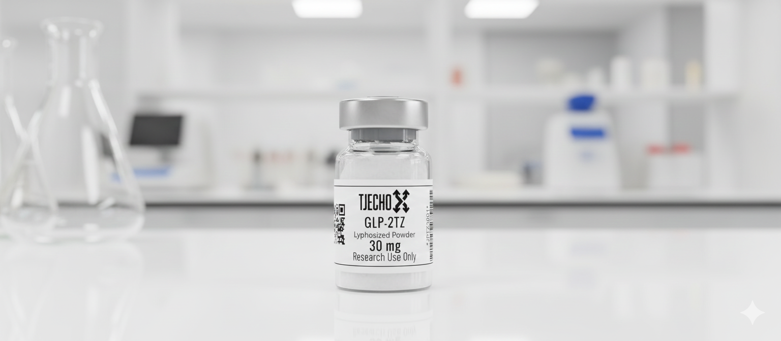 Vial labeled 'TJECHO' with 'GLP-2TZ' on a laboratory counter.