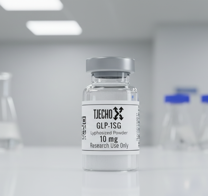 Vial labeled 'TJECHO GLP-1SG Lyophilized Powder 10 mg Research Use Only' on a blurred laboratory background